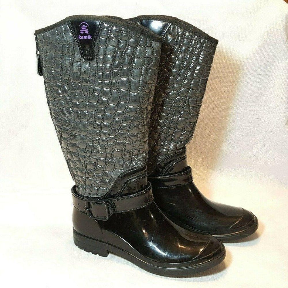 Kamik Women's Glossy Black and Textured Gray Boots